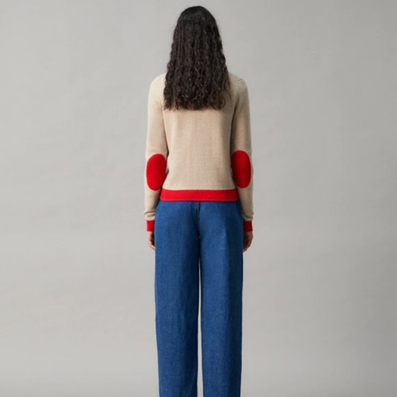 $398 Tory Burch Color-Block Cashmere Cardigan Rolled Oats / Brillian Red size M - Picture 3 of 3